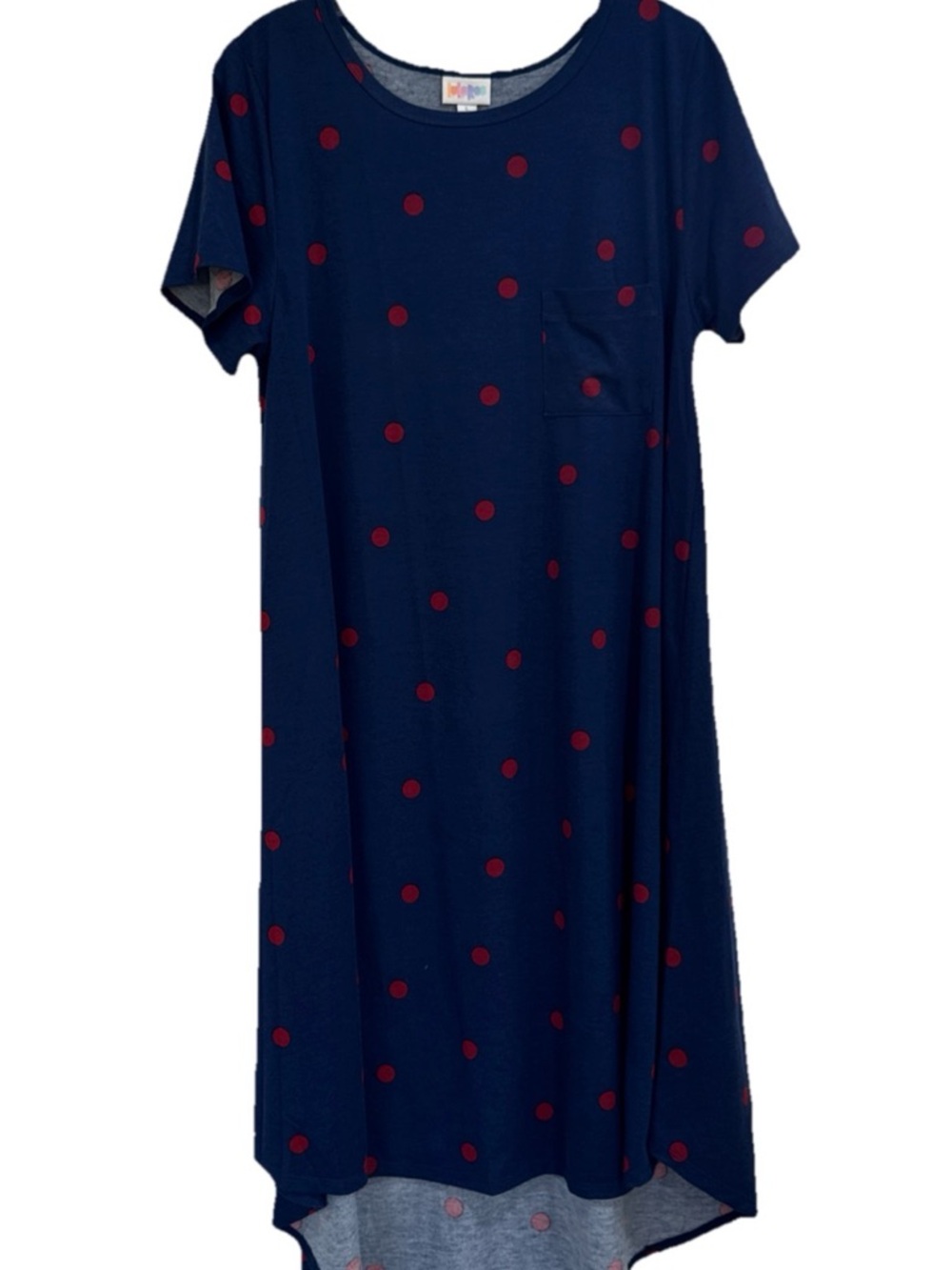 NWT LuLaRoe Carly Dress Women’s Large Navy Blue Red Polka Dot Hi Low Tee Dress